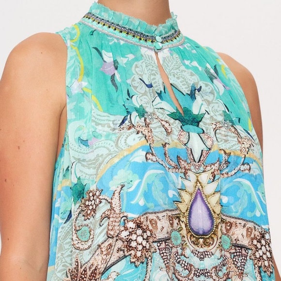 Camilla 2-Button Floral Print Sleeveless Dress - Turquoise Crystals Size XS - Picture 4 of 10